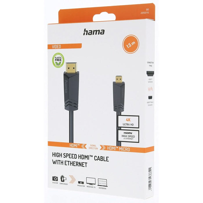 Cablu HDMI - micro HDMI Ethernet HAMA 205016, 1.5m, 4K, placat aur, negru WALTI