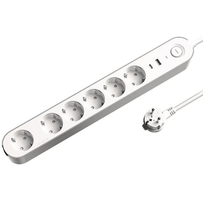 Prelungitor JACOBSEN, 6 prize Schuko, 1.5 m, 1.5 mm, cu 2 porturi USB, alb WALTI