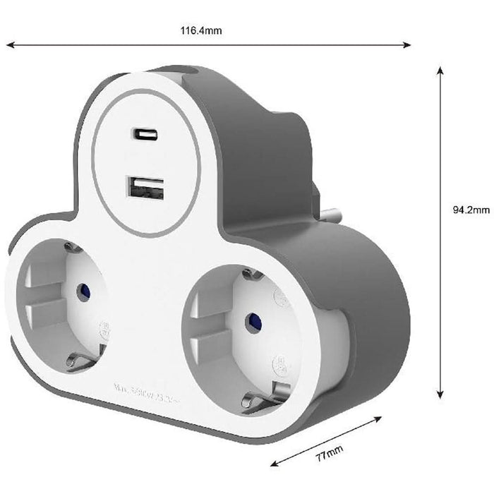 Adaptor priza Jacobsen, 3 prize, 2 USB, 16A, alb-gri WALTI