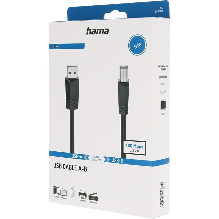 Cablu USB 2.0 A - USB B HAMA 200604, 5m, negru WALTI