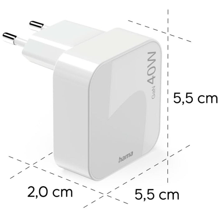 Incarcator retea HAMA 201955, 2x USB-C, Power Delivery (PD) 40W, GaN, alb WALTI