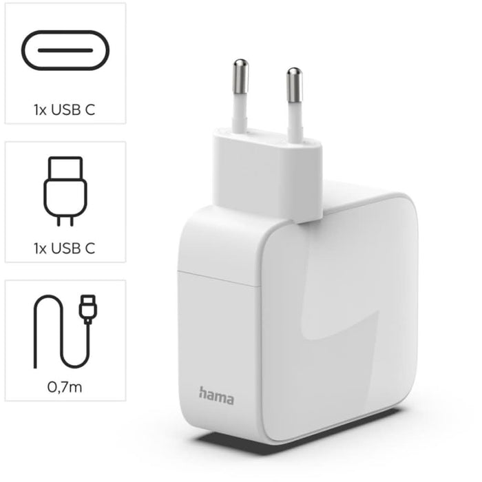 Incarcator retea HAMA 201957, 2x USB-C, Power Delivery (PD) 65W, GaN, alb WALTI