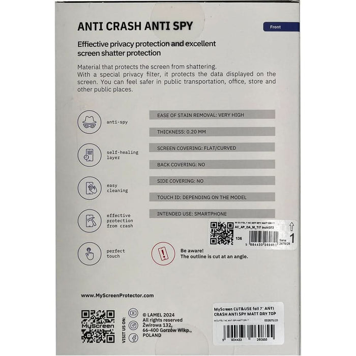 Folie protectie pentru telefon MYSCREEN Anti Crash Privacy Dry, transparent WALTI