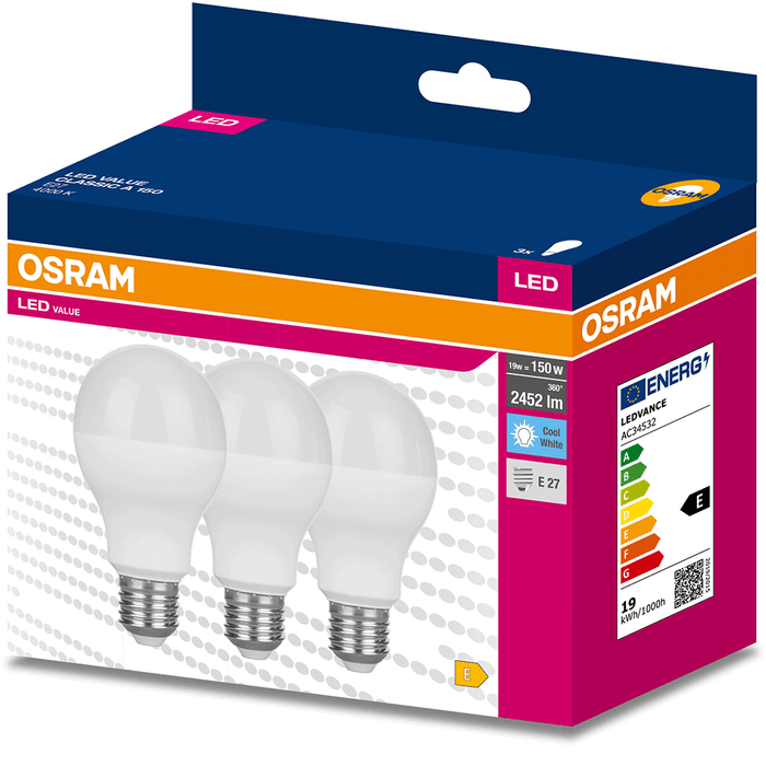 Set 3 becuri LED OSRAM, E27, 19W, 2452lm, lumina neutra WALTI