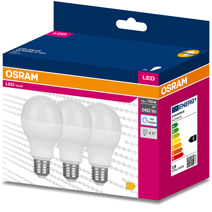 Set 3 becuri LED OSRAM, E27, 19W, 2452lm, lumina rece WALTI