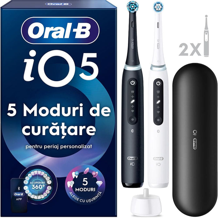 Set 2 periute de dinti electrice ORAL-B iO5, Bluetooth, 40000 pulsatii/min, Curatare 3D, 5 programe, 2 capate, alb-negru WALTI