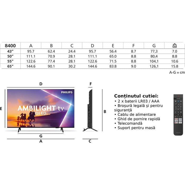 Televizor QLED Smart PHILIPS 43PUS8400, Ultra HD 4K, HDR10+, 108cm - WALTI WALTI