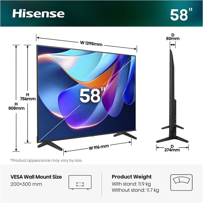 Televizor LED Smart HISENSE 58A6S, Ultra HD 4K, HDR, 146cm WALTI