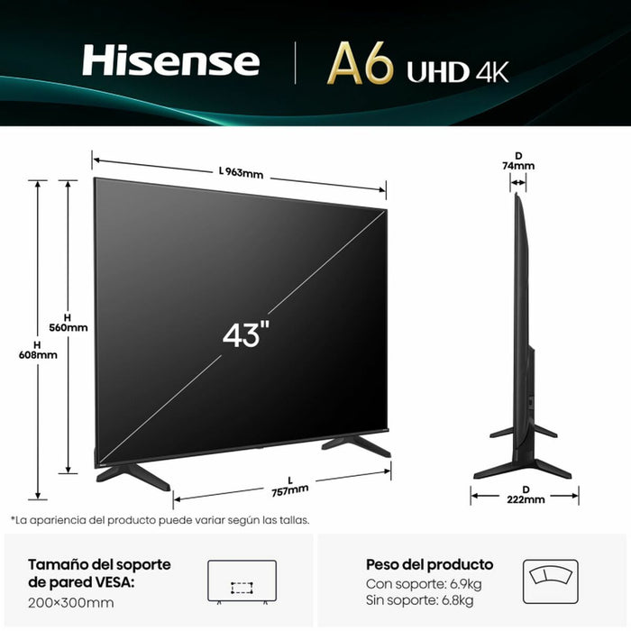 Smart TV Hisense 43A6Q 43" (109 cm) 4K Ultra HD LED HDR D-LED - WALTI WALTI