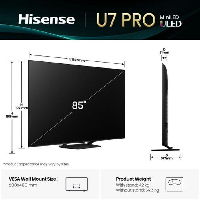Smart TV Hisense 85U7Q PRO 85" (216 cm) 4K Ultra HD LED HDR - WALTI WALTI