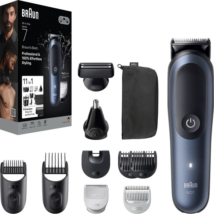 Aparat de tuns multifunctional  11 in 1 BRAUN Seria 7 AIO7540, acumulator, 120 min autonomie, albastru WALTI