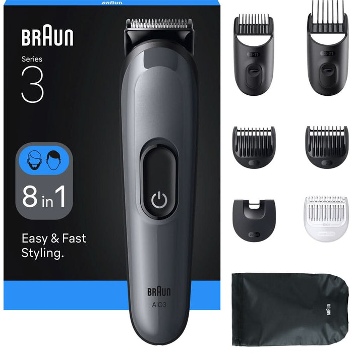 Aparat de tuns multifunctional 8 in 1 BRAUN Seria 3 AIO3540, acumulator, 50 min autonomie, argintiu WALTI