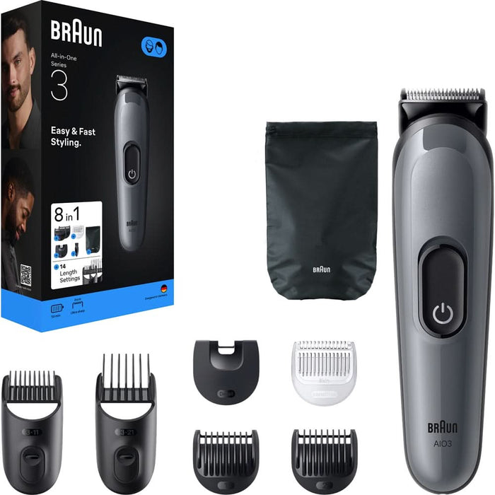 Aparat de tuns multifunctional 8 in 1 BRAUN Seria 3 AIO3540, acumulator, 50 min autonomie, argintiu WALTI