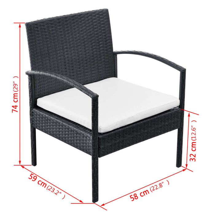 Set mobilier de grădină cu perne, 4 piese, negru, poliratan WALTI