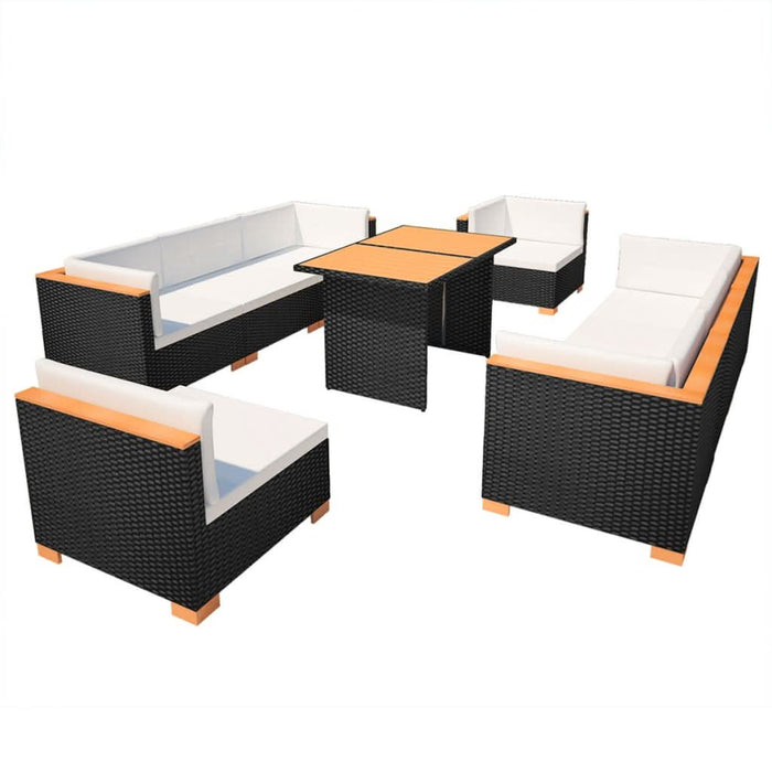 Set mobilier de grădină cu perne, 10 piese, negru, poliratan WALTI