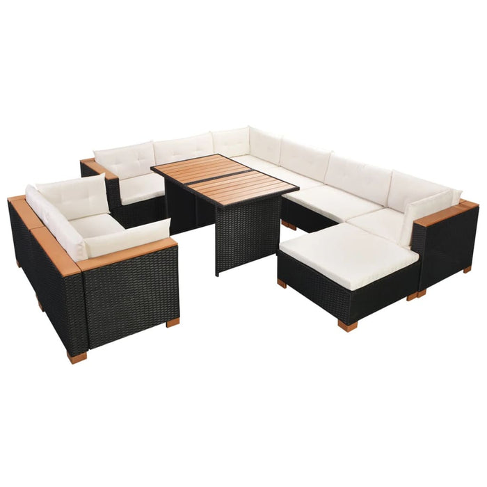 Set mobilier de grădină cu perne, 10 piese, negru, poliratan WALTI