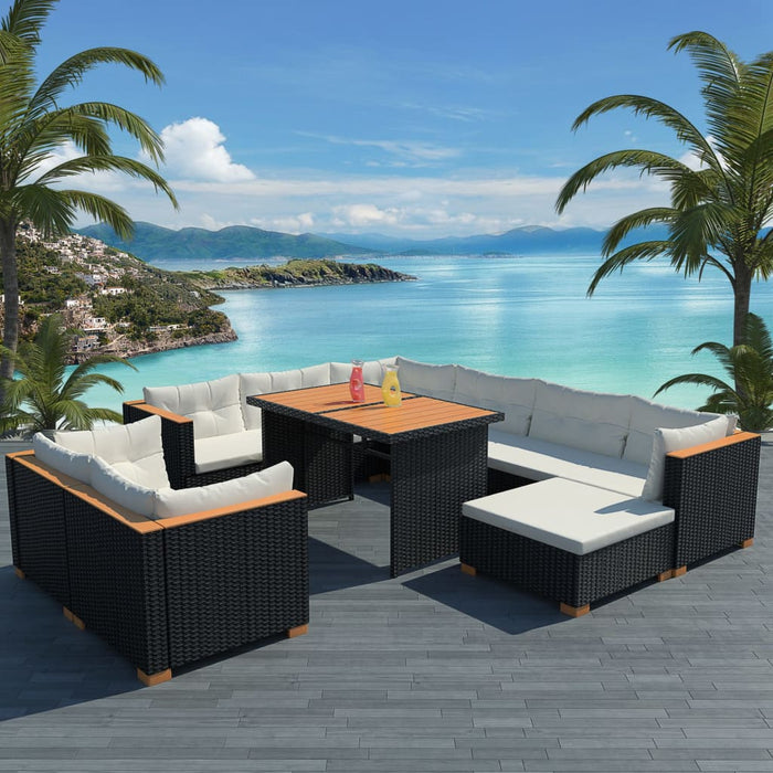 Set mobilier de grădină cu perne, 10 piese, negru, poliratan WALTI