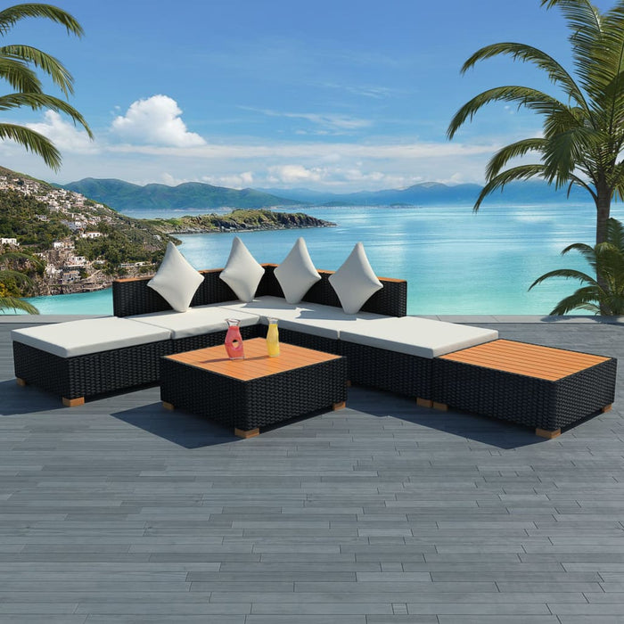 Set mobilier de grădină cu perne, 7 piese, negru, poliratan WALTI