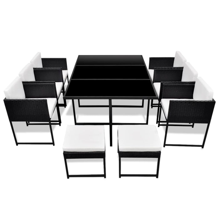 Set mobilier de exterior cu perne, 11 piese, negru, poliratan WALTI