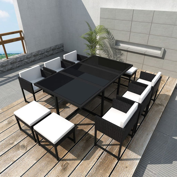 Set mobilier de exterior cu perne, 11 piese, negru, poliratan WALTI