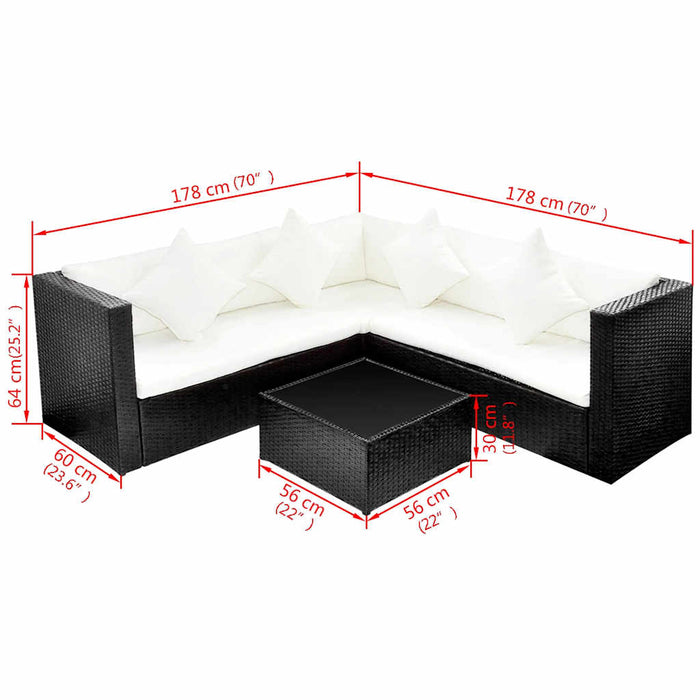 Set mobilier de grădină cu perne, 4 piese, negru, poliratan WALTI