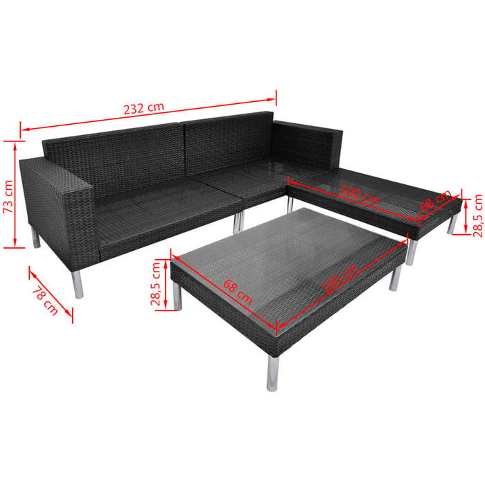 Set mobilier de grădină cu perne, 4 piese, negru, poliratan WALTI
