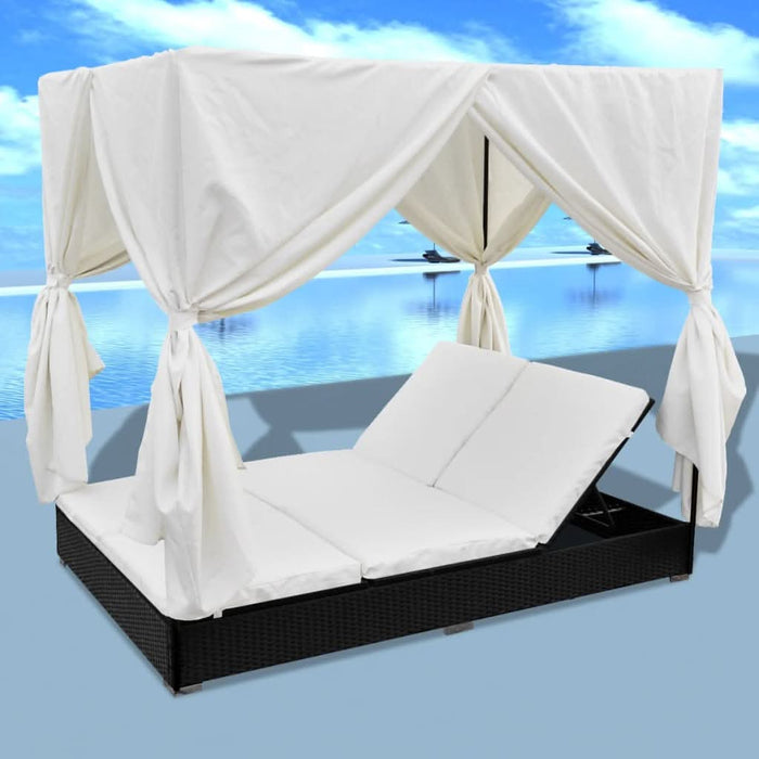 Pat șezlong de exterior cu perdele, negru, poliratan - WALTI WALTI