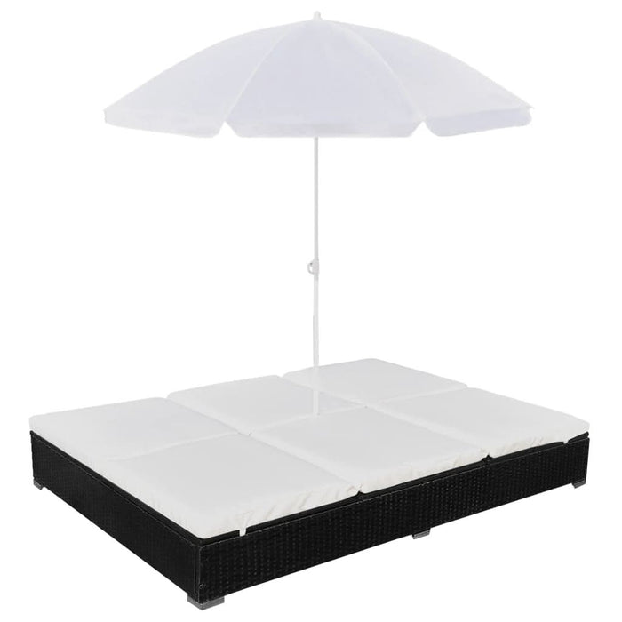 Pat șezlong de exterior cu umbrelă, negru, poliratan - WALTI WALTI
