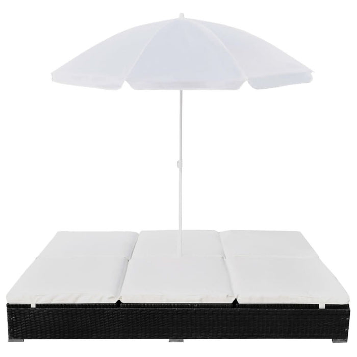 Pat șezlong de exterior cu umbrelă, negru, poliratan - WALTI WALTI