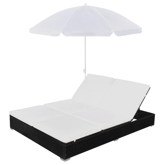 Pat șezlong de exterior cu umbrelă, negru, poliratan - WALTI WALTI