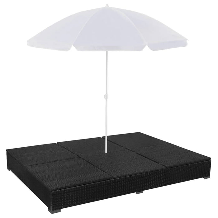 Pat șezlong de exterior cu umbrelă, negru, poliratan - WALTI WALTI
