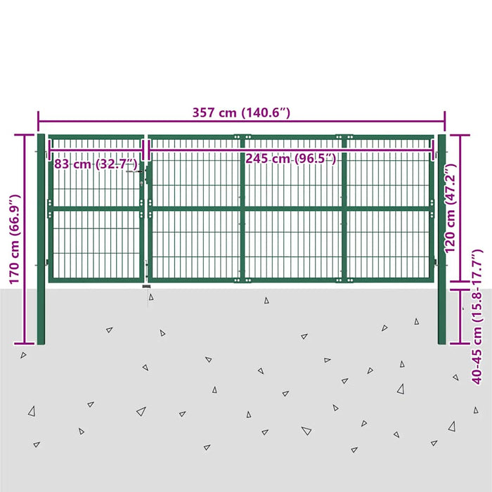 Poartă de gard de grădină cu stâlpi 350x120 cm, oțel, verde WALTI