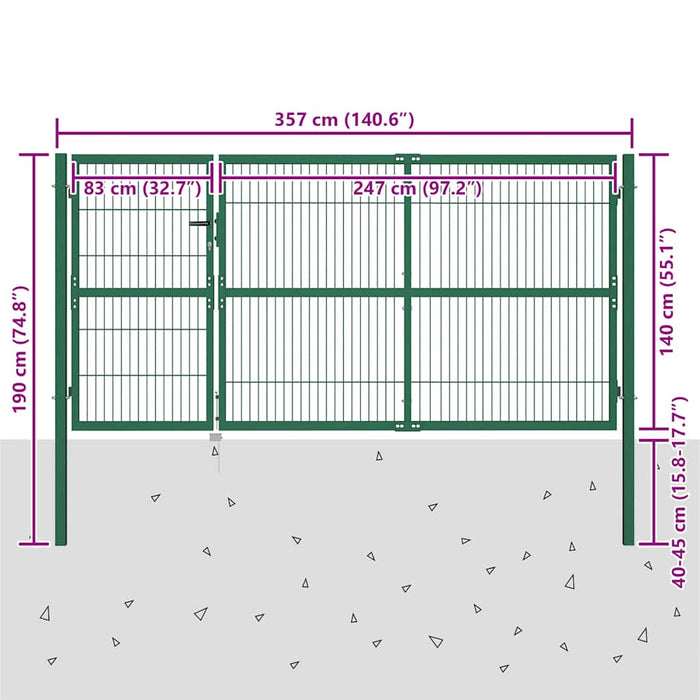 Poartă de gard de grădină cu stâlpi 350x140 cm, oțel, verde WALTI