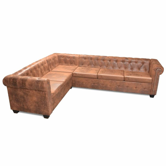 Canapea colțar Chesterfield, 6 locuri, piele artificială, maro - WALTI WALTI