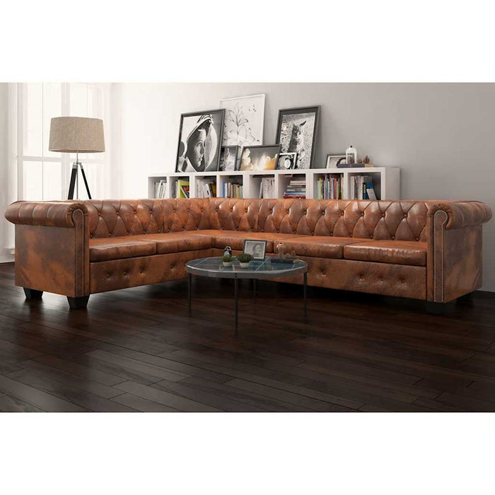 Canapea colțar Chesterfield, 6 locuri, piele artificială, maro - WALTI WALTI