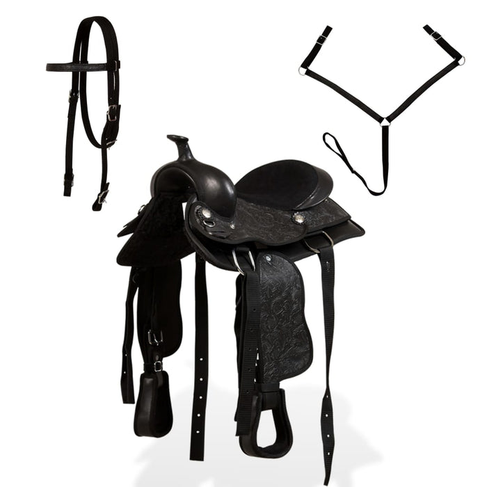 Șa Western, căpăstru & pieptar, piele naturală, 12", negru - WALTI WALTI