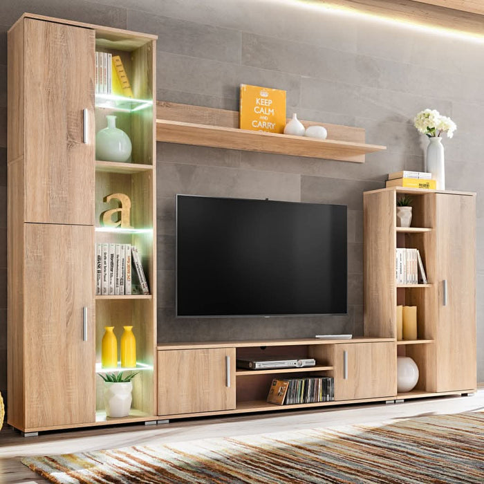 Mobilă de perete cu spațiu TV, iluminare LED, stejar sonoma - WALTI WALTI