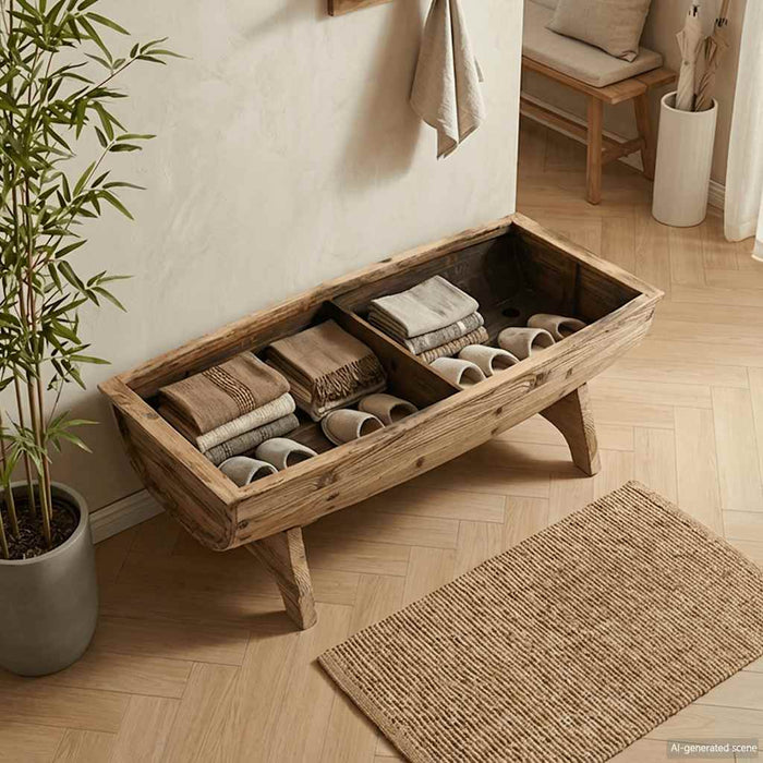 Bancă depozitare, Lemn masiv și material textil 103x51x44 cm - WALTI WALTI