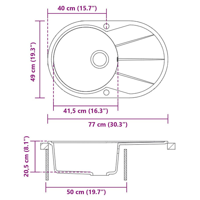 Chiuvetă de bucătărie din granit cu o cuvă, gri, oval - WALTI WALTI