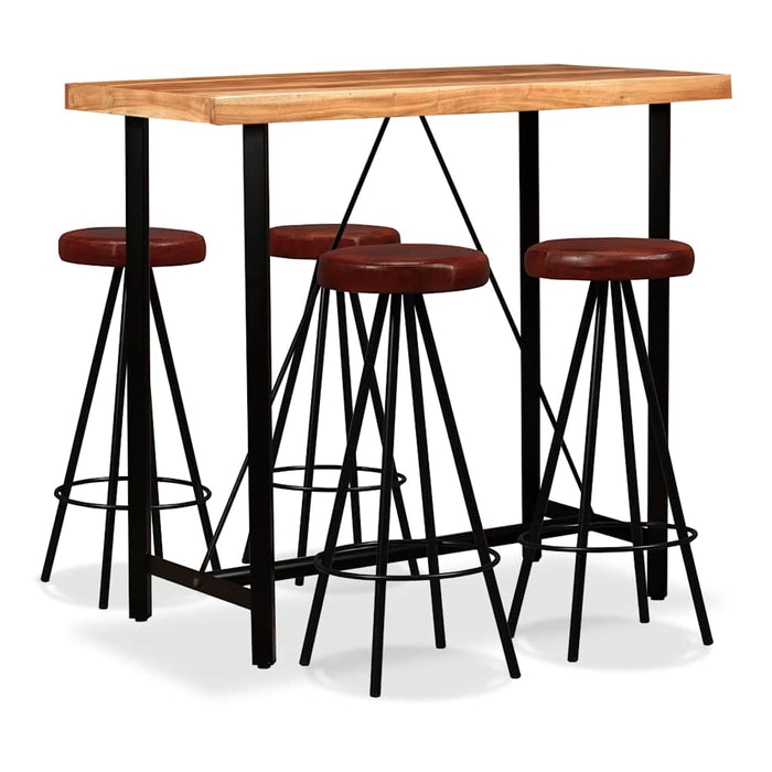 Set mobilier bar, 5 piese, lemn masiv acacia și piele naturală - WALTI WALTI