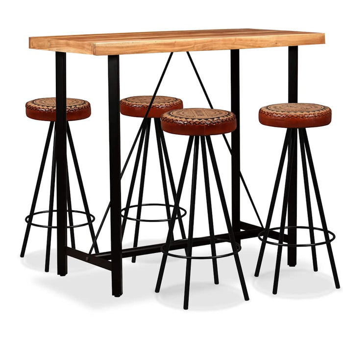 Set mobilier bar, 5 piese, lemn acacia, piele naturală & pânză - WALTI WALTI