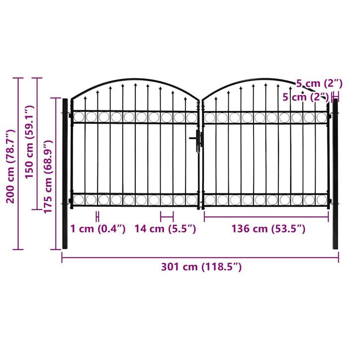 Poartă de gard ASSEN Ușă dublă cu blat arcuit din oțel 300x150 cm WALTI