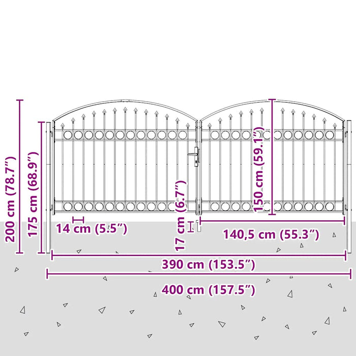 Poartă de gard ASSEN Ușă dublă cu blat arcuit din oțel 400x150 cm - WALTI WALTI