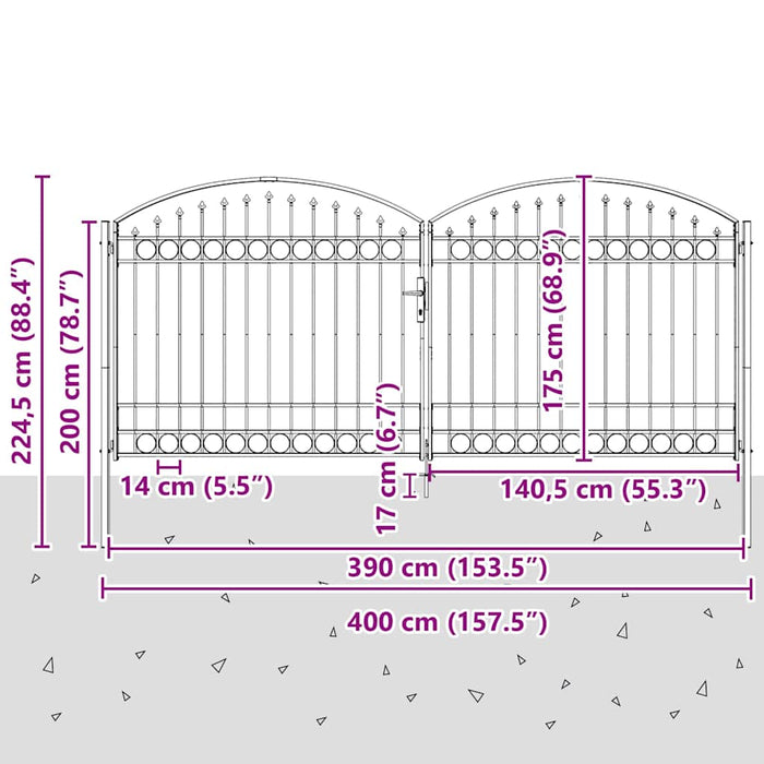 Poartă de gard ASSEN Ușă dublă cu blat arcuit din oțel 400x175 cm WALTI