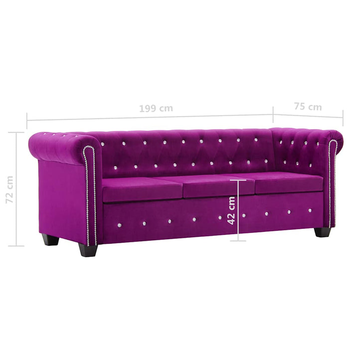 Canapea Chesterfield 3 locuri, catifea, 199x75x72 cm, violet WALTI