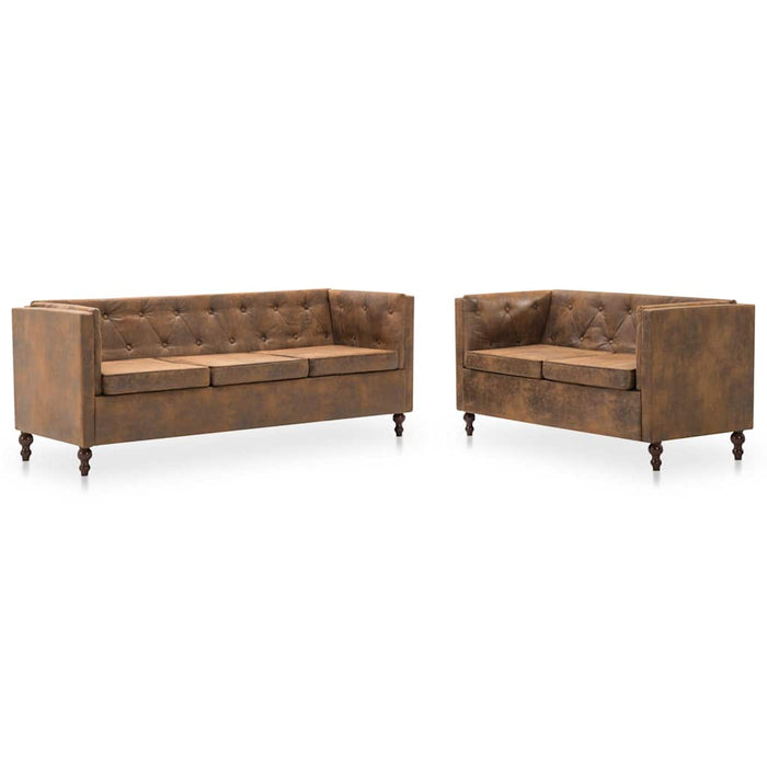 Set canapea Chesterfield, 2 buc., tapițerie aspect velur, maro WALTI
