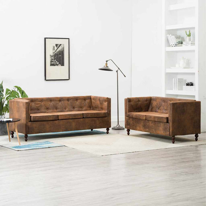 Set canapea Chesterfield, 2 buc., tapițerie aspect velur, maro WALTI