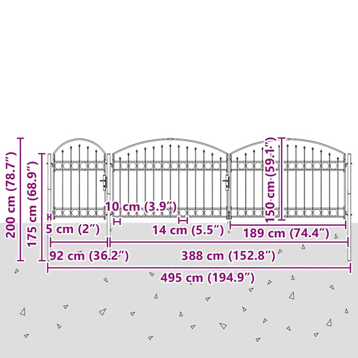 Poartă de gard de grădină ASSEN cu vârf arcuit din oțel, 1,5x5 m, negru WALTI