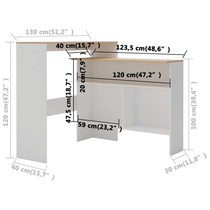 Masă de bar cu 2 blaturi, alb și stejar, 130x40x120 cm WALTI