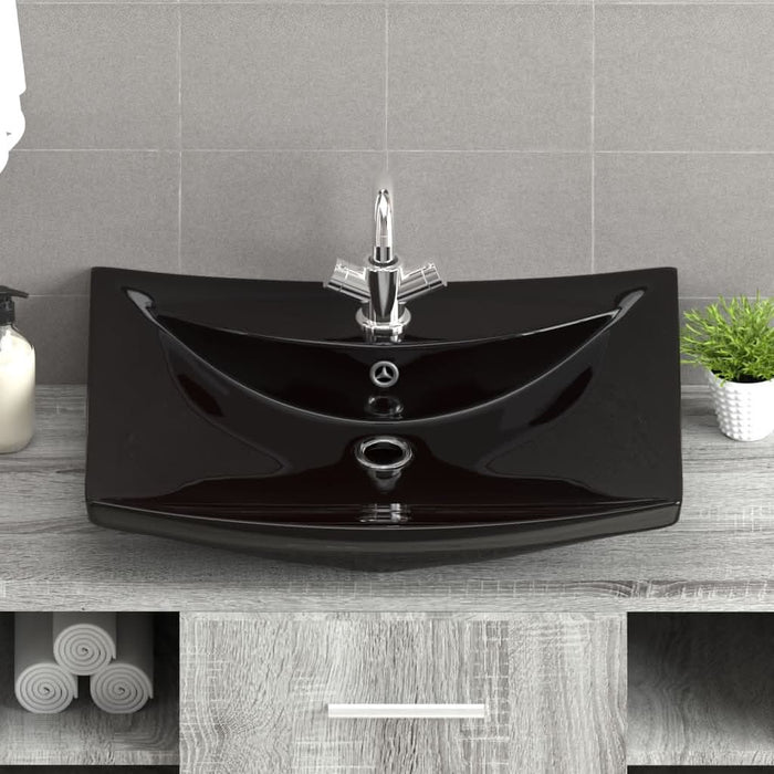 Chiuvetă dreptunghiulară preaplin & gaură robinet, negru, ceramică lux - WALTI WALTI